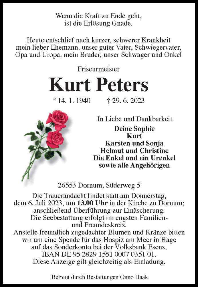  Traueranzeige für Kurt Peters vom 04.07.2023 aus Ostfriesischer Kurier