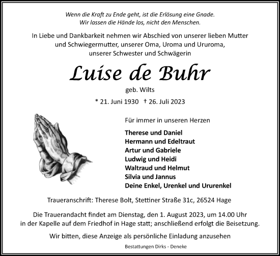 Traueranzeige von Luise de Buhr von Ostfriesischer Kurier