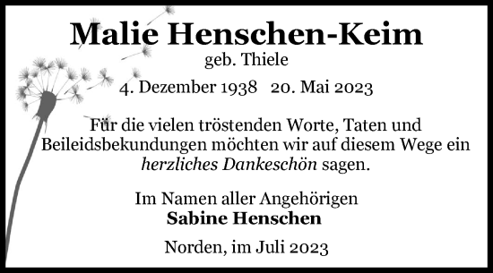 Traueranzeige von Malie Henschen-Keim von Ostfriesischer Kurier