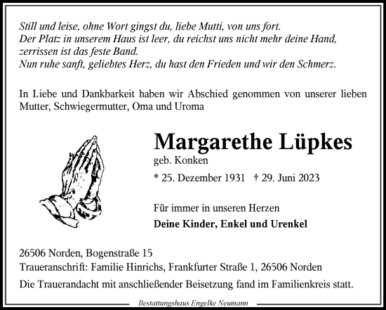 Traueranzeige von Margarethe Lüpkes von Ostfriesischer Kurier