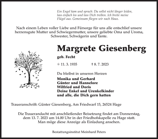 Traueranzeige von Margrete Giesenberg von Ostfriesischer Kurier