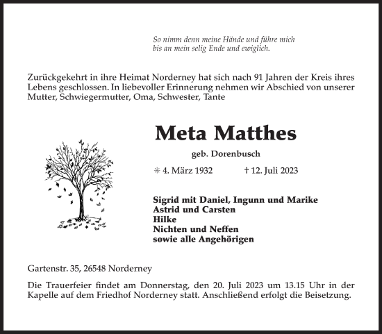 Traueranzeige von Meta Matthes von Ostfriesischer Kurier