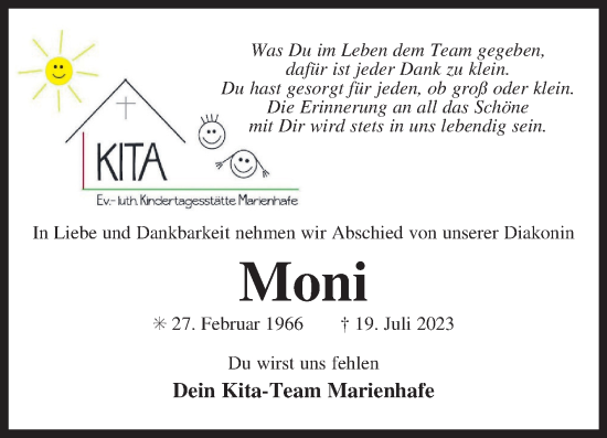 Traueranzeige von Moni  von Ostfriesischer Kurier