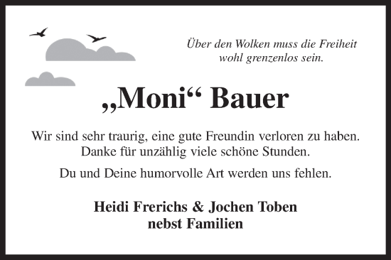 Traueranzeige von Moni Bauer von Ostfriesischer Kurier