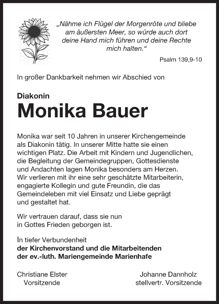  Traueranzeige für Monika Bauer vom 22.07.2023 aus Ostfriesischer Kurier