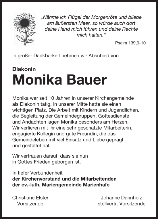 Traueranzeige von Monika Bauer von Ostfriesischer Kurier