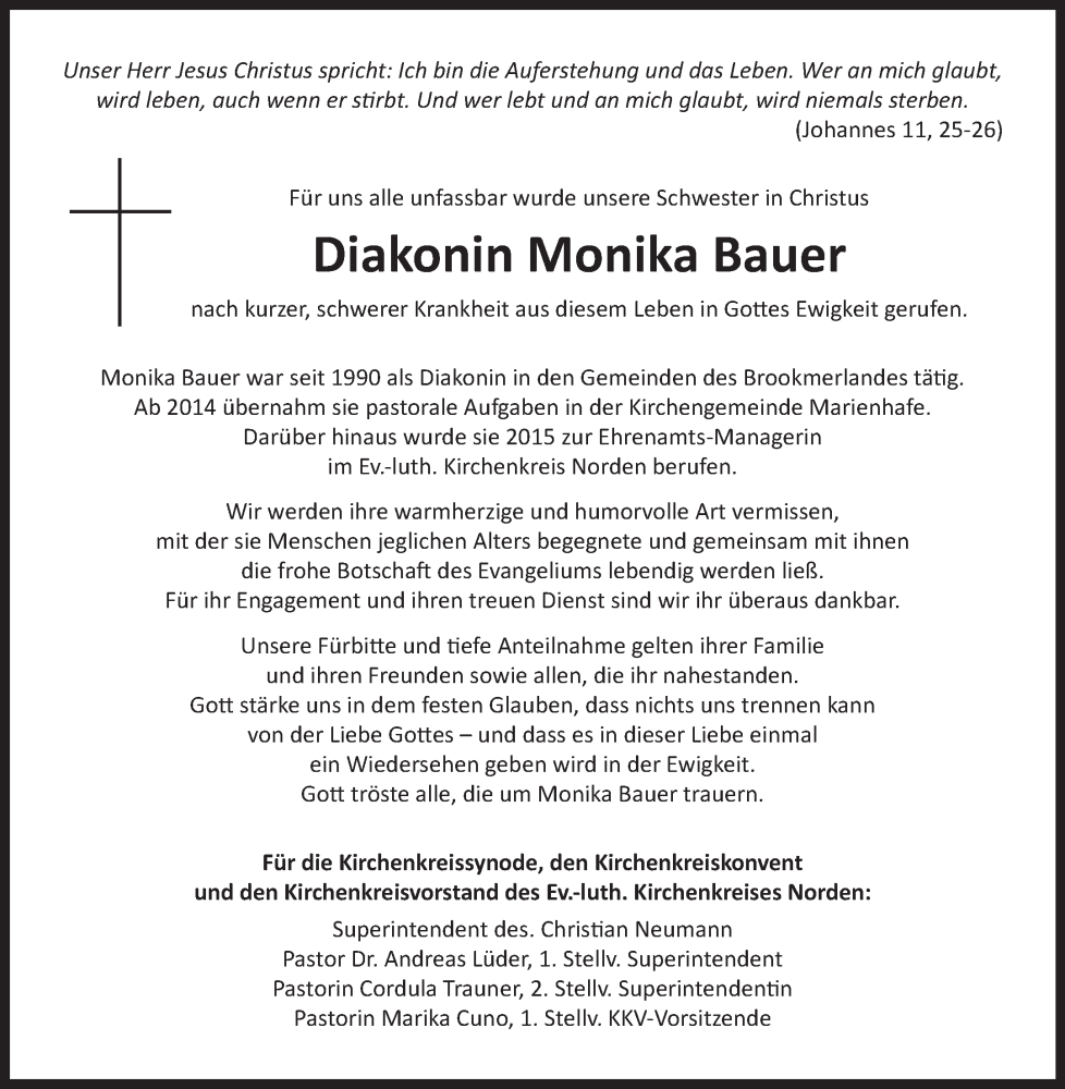  Traueranzeige für Monika Bauer vom 22.07.2023 aus Ostfriesischer Kurier