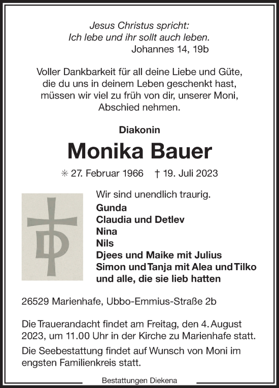 Traueranzeige von Monika Bauer von Ostfriesischer Kurier