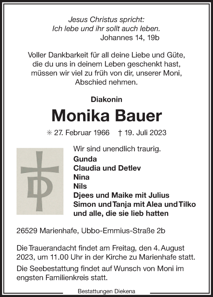  Traueranzeige für Monika Bauer vom 22.07.2023 aus Ostfriesischer Kurier