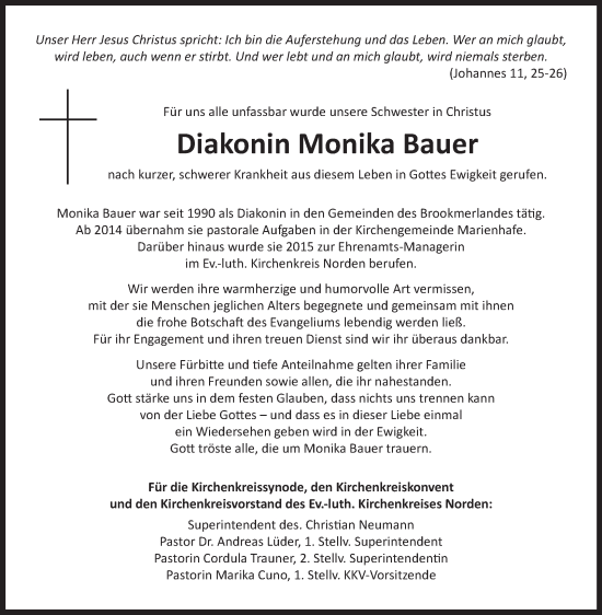 Traueranzeige von Monika Bauer von Ostfriesischer Kurier