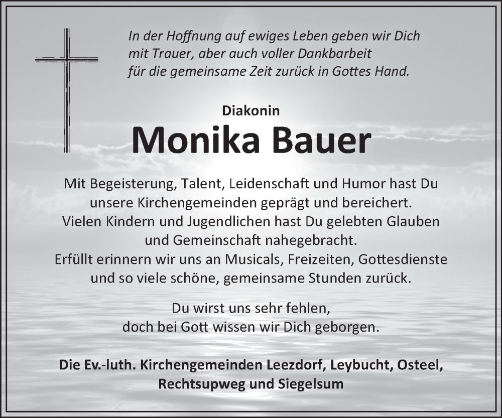  Traueranzeige für Monika Bauer vom 22.07.2023 aus Ostfriesischer Kurier