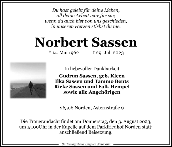 Traueranzeige von Norbert Sassen von Ostfriesischer Kurier