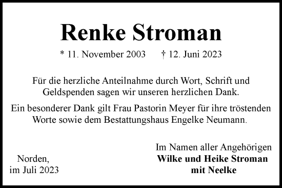 Traueranzeige von Renke Stroman von Ostfriesischer Kurier