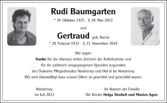 Traueranzeige von Rudi und Gertraud Baumgarten von Ostfriesischer Kurier