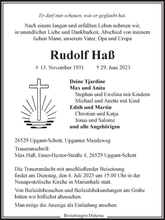 Traueranzeige von Rudolf Haß von Ostfriesischer Kurier