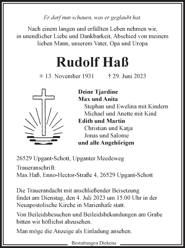  Traueranzeige für Rudolf Haß vom 01.07.2023 aus Ostfriesischer Kurier