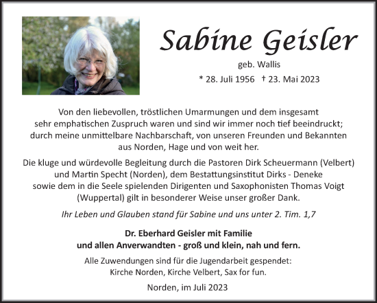 Traueranzeige von Sabine Geisler von Ostfriesischer Kurier