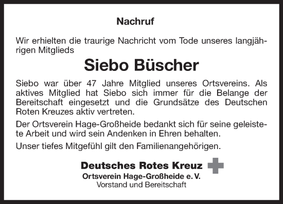 Traueranzeige von Siebo Büscher von Ostfriesischer Kurier