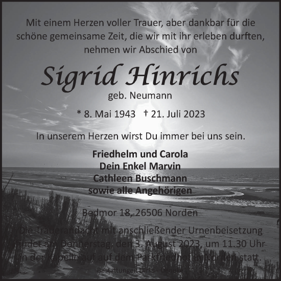 Traueranzeige von Sigrid Hinrichs von Ostfriesischer Kurier