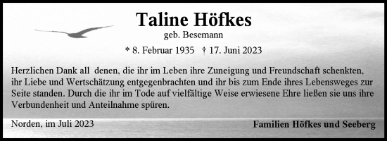 Traueranzeige von Taline Höfkes von Ostfriesischer Kurier