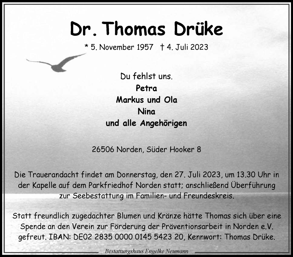  Traueranzeige für Thomas Drüke vom 08.07.2023 aus Ostfriesischer Kurier