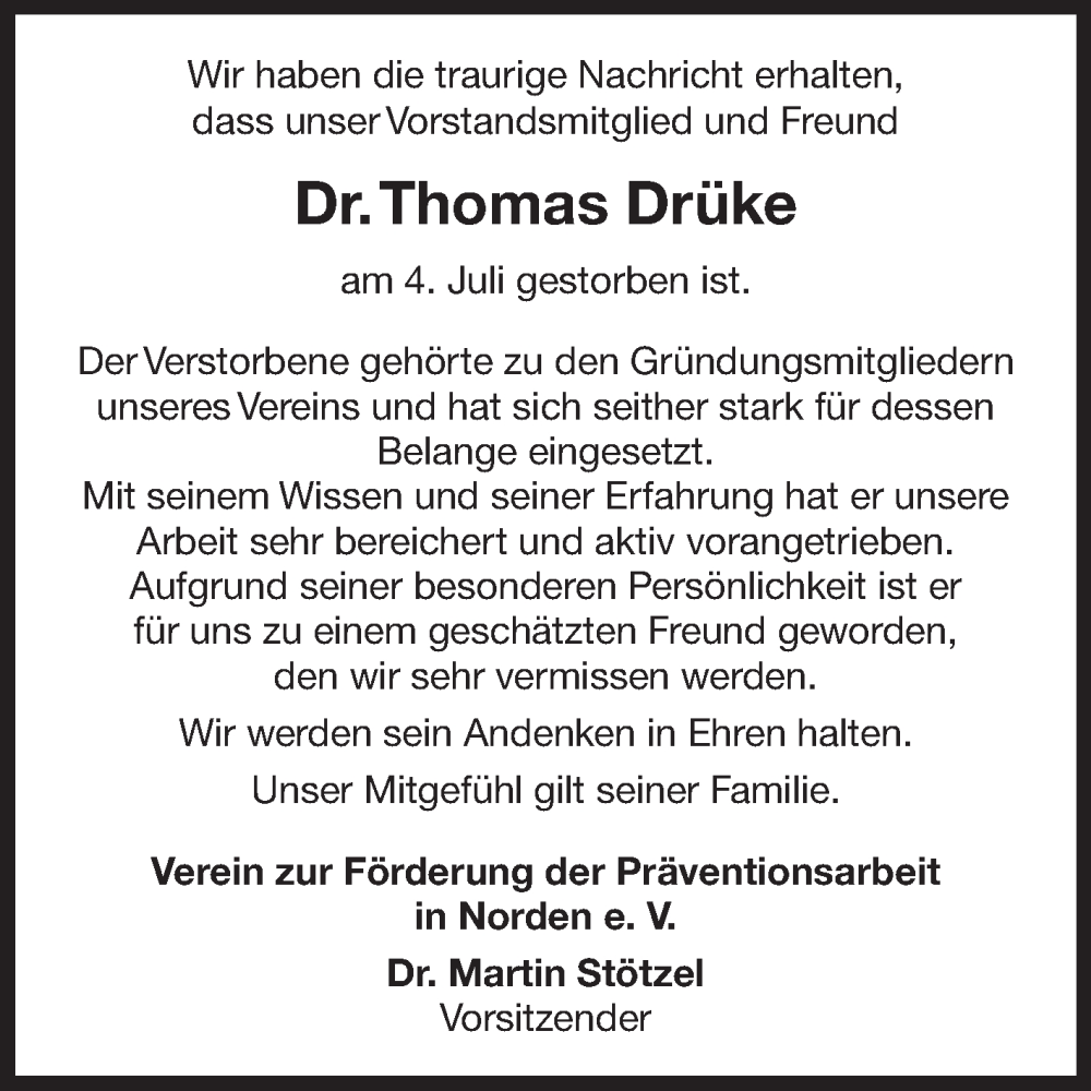  Traueranzeige für Thomas Drüke vom 08.07.2023 aus Ostfriesischer Kurier