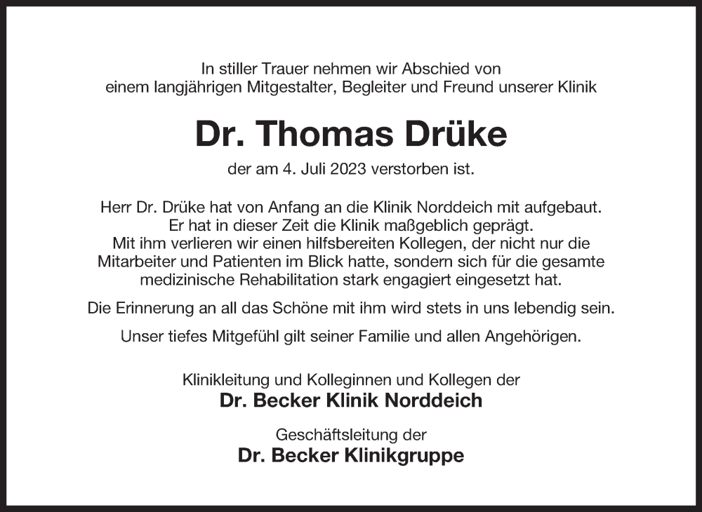  Traueranzeige für Thomas Drüke vom 08.07.2023 aus Ostfriesischer Kurier