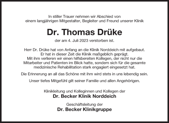 Traueranzeige von Thomas Drüke von Ostfriesischer Kurier