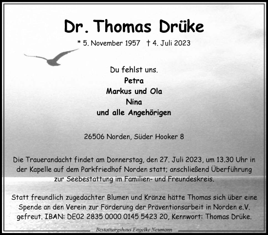 Traueranzeige von Thomas Drüke von Ostfriesischer Kurier