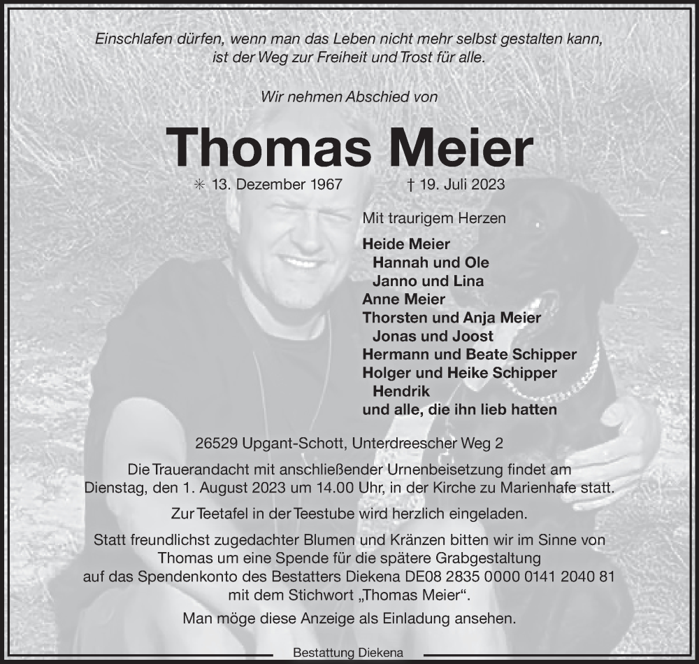  Traueranzeige für Thomas Meier vom 21.07.2023 aus Ostfriesischer Kurier