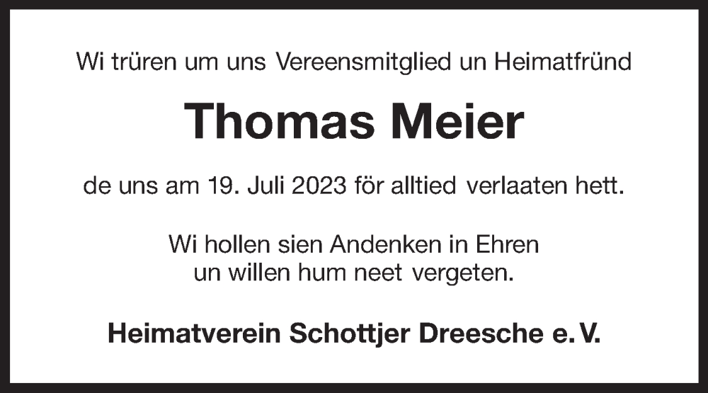  Traueranzeige für Thomas Meier vom 22.07.2023 aus Ostfriesischer Kurier