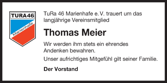 Traueranzeige von Thomas Meier von Ostfriesischer Kurier