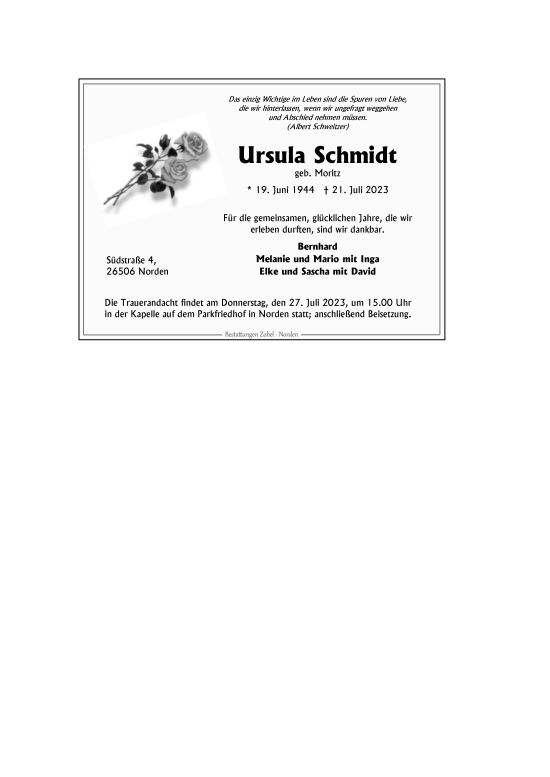 Traueranzeige von Ursula Schmidt von Ostfriesischer Kurier