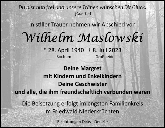 Traueranzeige von Wilhelm Maslowski von Ostfriesischer Kurier
