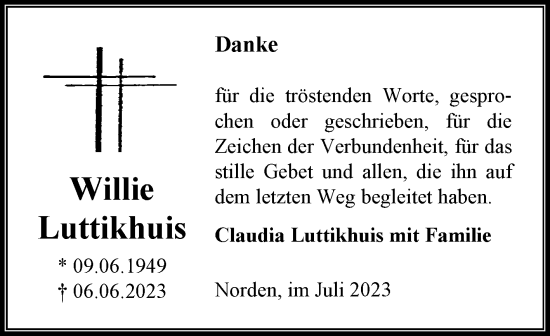 Traueranzeige von Willie Luttikhuis von Ostfriesischer Kurier