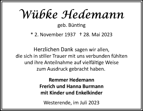 Traueranzeige von Wübke Hedemann von Ostfriesischer Kurier
