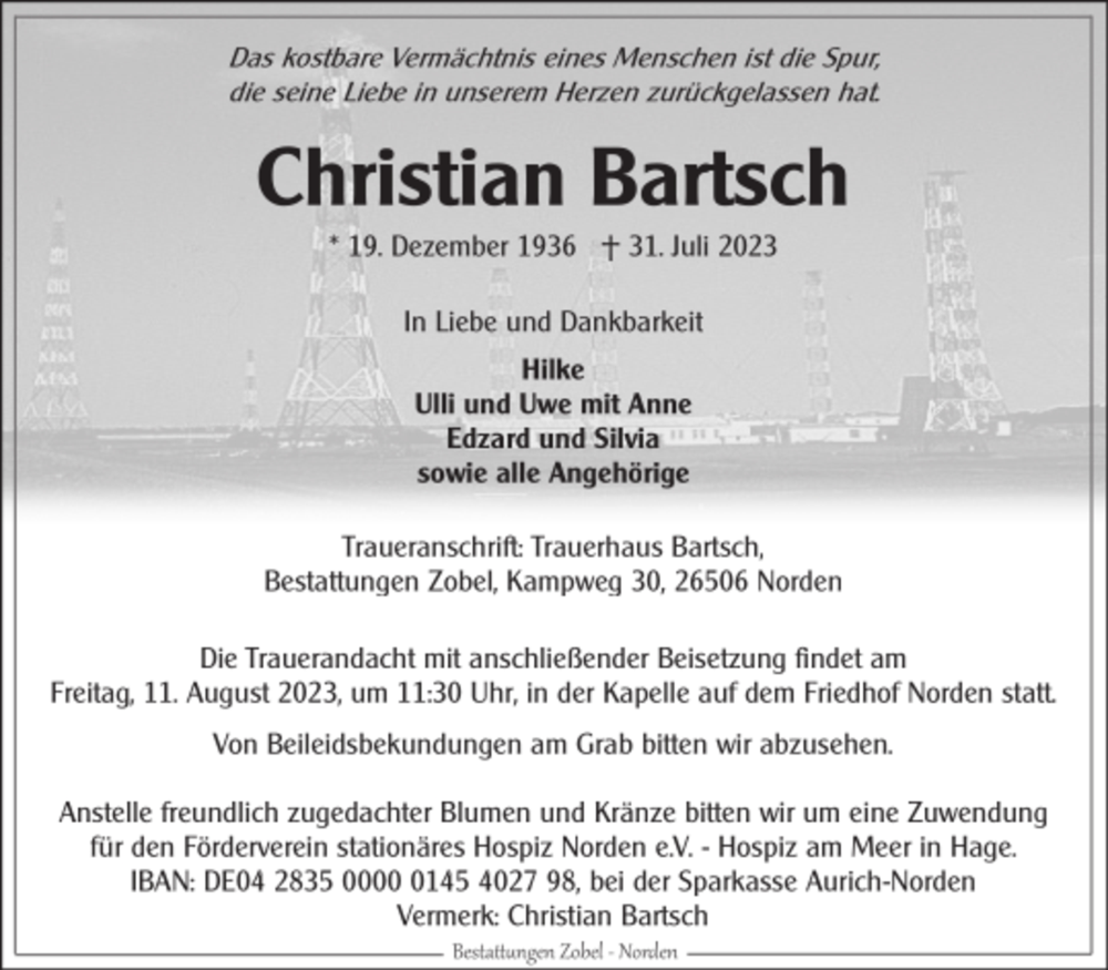  Traueranzeige für Christian Bartsch vom 02.08.2023 aus 