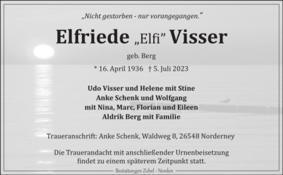 Traueranzeige von Elfriede Visser von Ostfriesischer Kurier