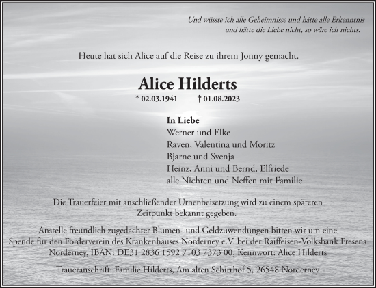 Traueranzeige von Alice Hilderts von Ostfriesischer Kurier