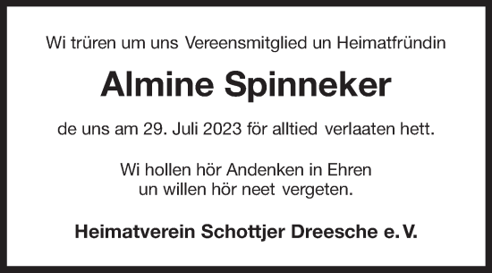 Traueranzeige von Almine Spinneker von Ostfriesischer Kurier
