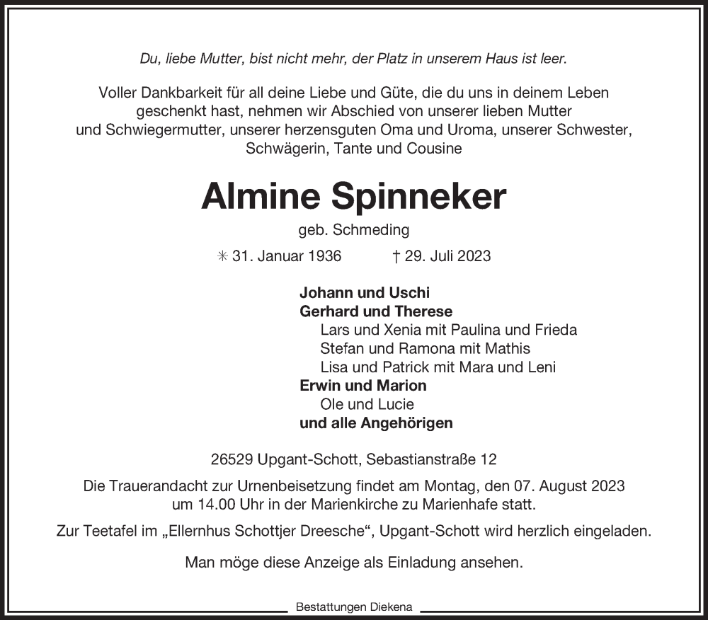  Traueranzeige für Almine Spinneker vom 01.08.2023 aus Ostfriesischer Kurier