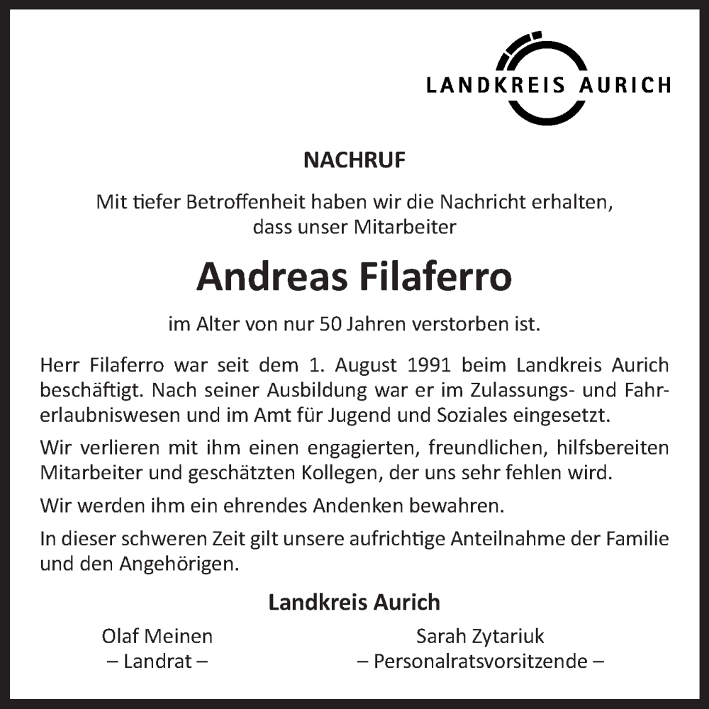  Traueranzeige für Andreas Filaferro vom 16.08.2023 aus Ostfriesischer Kurier