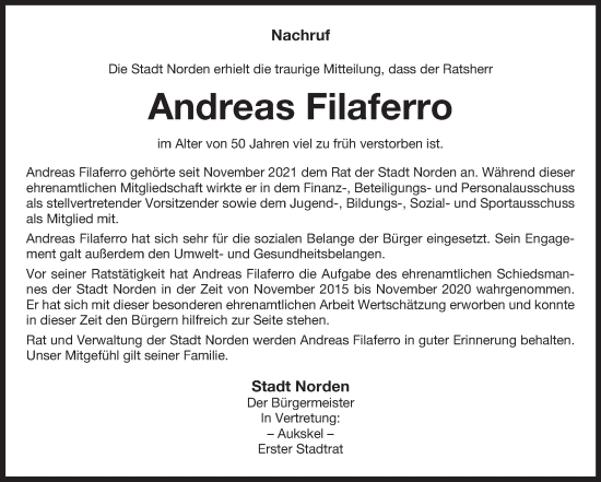 Traueranzeige von Andreas Filaferro von Ostfriesischer Kurier