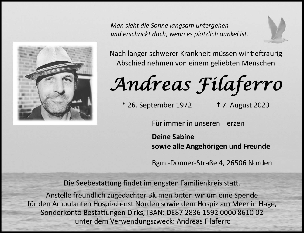  Traueranzeige für Andreas Filaferro vom 12.08.2023 aus Ostfriesischer Kurier