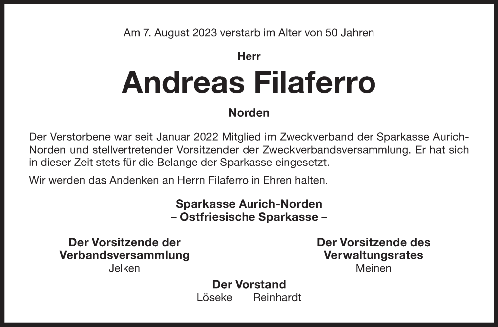  Traueranzeige für Andreas Filaferro vom 16.08.2023 aus Ostfriesischer Kurier