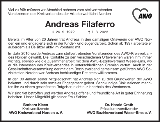 Traueranzeige von Andreas Filaferro von Ostfriesischer Kurier