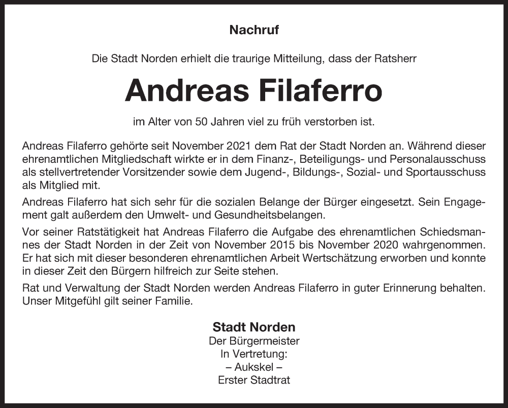  Traueranzeige für Andreas Filaferro vom 16.08.2023 aus Ostfriesischer Kurier