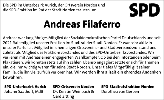 Traueranzeige von Andreas Filaferro von Ostfriesischer Kurier