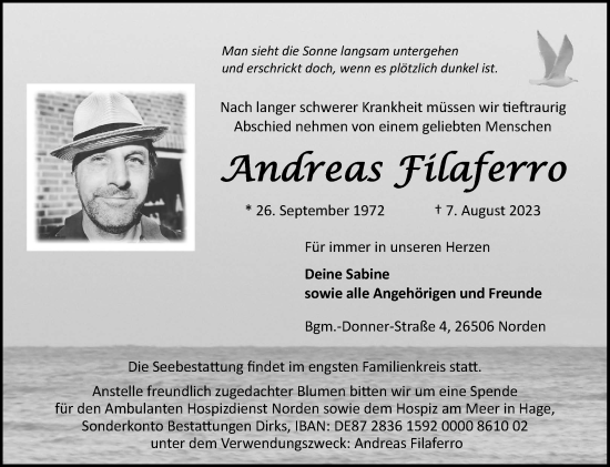 Traueranzeige von Andreas Filaferro von Ostfriesischer Kurier