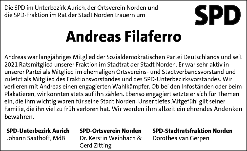  Traueranzeige für Andreas Filaferro vom 17.08.2023 aus Ostfriesischer Kurier